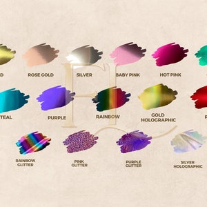 May include: A color chart featuring 15 different colors and finishes. Colors include gold, rose gold, silver, baby pink, hot pink, green, teal, purple, rainbow, gold holographic, red, rainbow glitter, pink glitter, purple glitter, and silver holographic.
