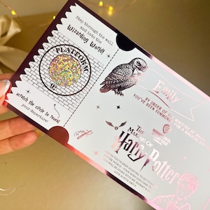 May include: A pink and white Harry Potter-themed ticket with holographic accents. The ticket features an owl illustration, the text "Platform 9 3/4", and the words "The Making of Harry Potter".