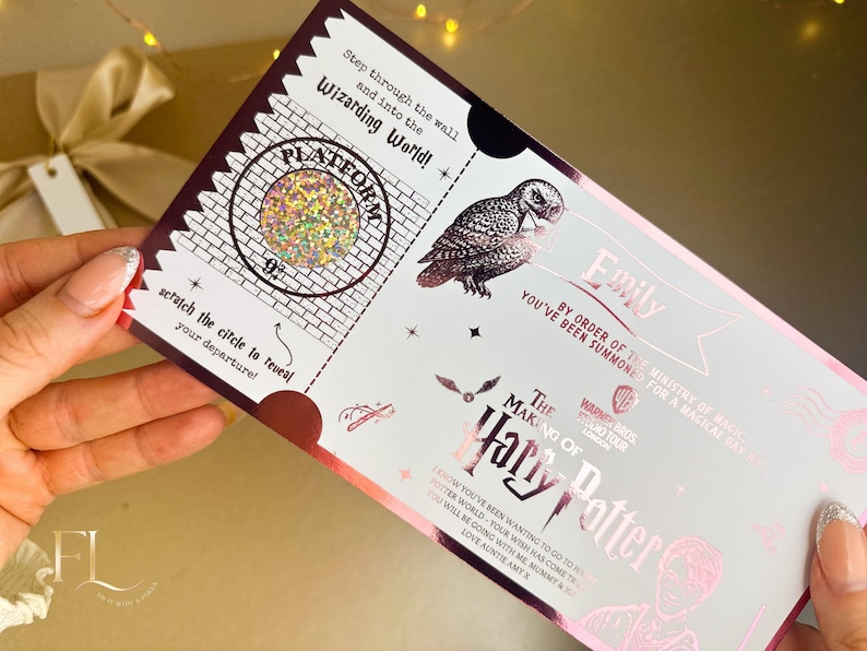 May include: A pink and white Harry Potter-themed ticket with holographic accents. The ticket features an owl illustration, the text "Platform 9 3/4", and the words "The Making of Harry Potter".