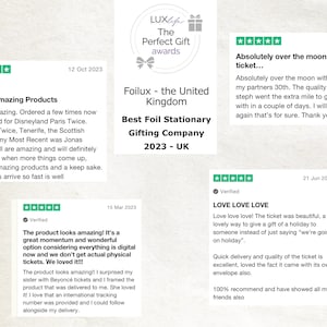 May include: Image featuring customer reviews for Foilux, a UK-based gifting company. The reviews, dated from March to October 2023 and March 2024, praise the quality and delivery of the products. The company won the Perfect Gift award.
