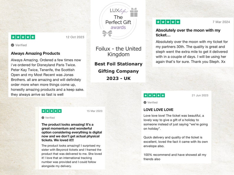 May include: Image featuring customer reviews for Foilux, a UK-based gifting company. The reviews, dated from March to October 2023 and March 2024, praise the quality and delivery of the products. The company won the Perfect Gift award.