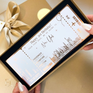 New York holiday surprise reveal, Foil boarding pass, Golden Ticket, Surprise Weekend, Travel Ticket, Birthday Trip Gift, Personalised