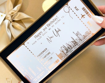 New York holiday surprise reveal, Foil boarding pass, Golden Ticket, Surprise Weekend, Travel Ticket, Birthday Trip Gift, Personalised