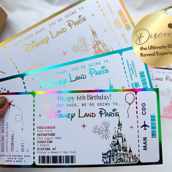 Disneyland Paris Foil Boarding Pass, Holiday Reveal, Golden Ticket, Surprise Weekend, Travel Ticket, Birthday Trip Gift, Personalised Ticket