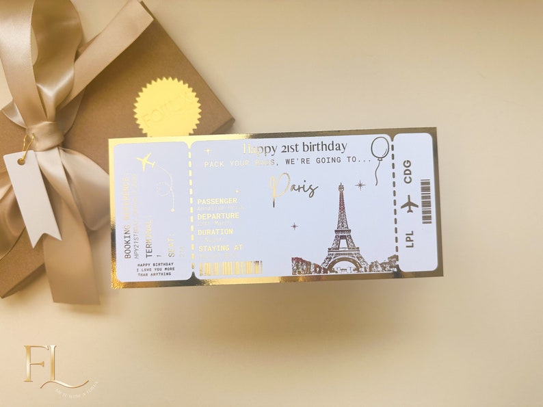 Any holiday surprise reveal foil boarding pass, Golden Ticket, Surprise Weekend, Travel Ticket, Special Event Trip Gift, Personalised Ticket Gold