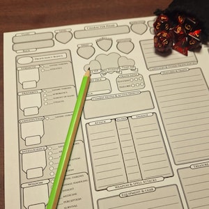 May include: A blank character sheet for a tabletop role-playing game, with sections for stats, skills, saving throws, combat notes, weapons and spell attacks, equipment and gear, treasure and loot, and spellcasting ability. A green pencil and a bag of red dice are on the sheet.