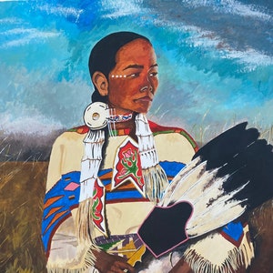 May include: A painting of a Native American woman wearing traditional clothing and holding a fan of feathers. The woman is sitting in a field of tall grass. The painting is done in a realistic style and features vibrant colors.