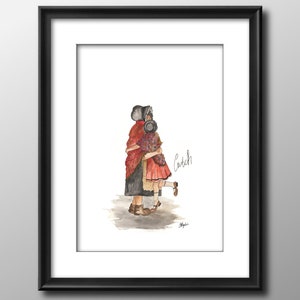 Welsh Cwtch Art Print: Grandmother and Granddaughter Embrace