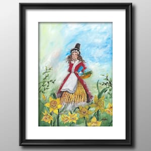 Welsh Lady Print: Daffodils, Nostalgic Welsh Art