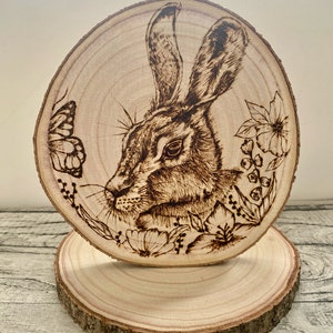 Rustic Wall Art| Pyrography Rabbit Art| Live Edge Wood Slice| Wood Burn ...