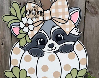 Hand Painted Fall Door Hanger Sign, Barrel, Fall Raccoon