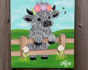 Hand Painted Highland Cow Art | 11x14 Wood Canvas, Farmhouse Spring Decor
