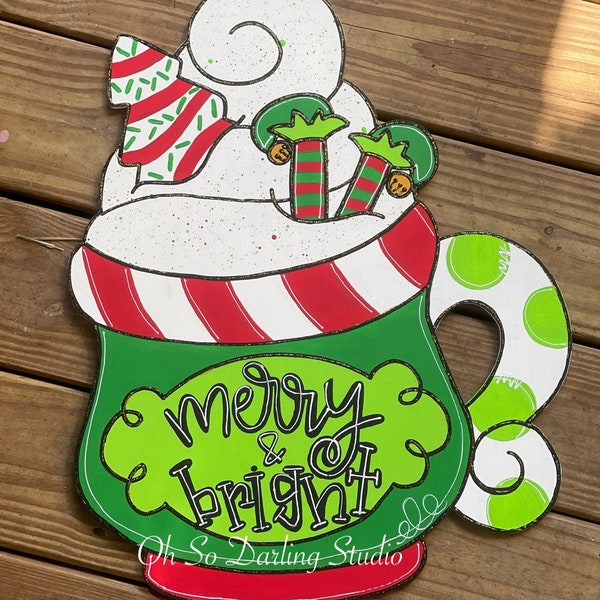Elf Christmas Mug Door Hanger: Gold Glitter Holiday Decor