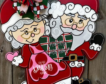 Hand Painted Santa & Mrs. Claus Christmas Door Hanger