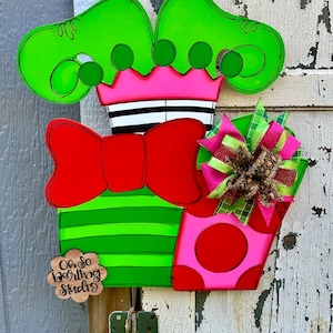 Handmade Christmas Elf Door Hanger: Painted Birch Wood Decor