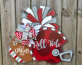 Football Door Hanger: Hand Painted Roll Tide Birch Decor