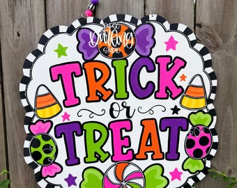 Halloween Door Hanger: Trick or Treat, Hand-Painted Birch