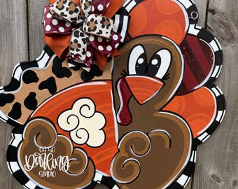 Turkey Door Hanger: Hand-Painted Thanksgiving Porch Sign, Turkey Decor, Turkey, Pie