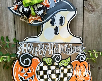 Handmade Halloween Door Hanger: Ghost, Pumpkin, & Bow