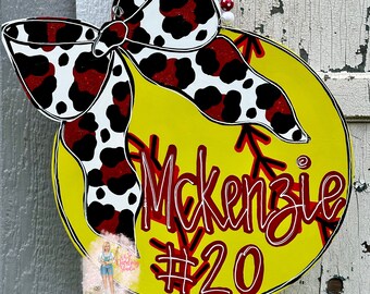 Hand Painted Softball Door Hanger/Attachment: Birch Wood, Acrylic Paint