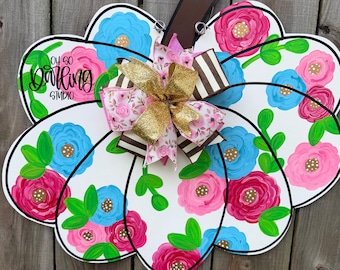 Hand Painted Fall Door Hanger Sign, Pumpkin, Welcome, Floral
