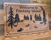 Critters Family Cabin Signs, Welcome or Lake Home Signs, Personalized Wood Carving, House Sign, Trees, Deer, Loon, and Duck, Outdoor Grade