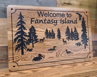 Critters Family Cabin Signs, Welcome or Lake Home Signs, Personalized Wood Carving, House Sign, Trees, Deer, Loon, and Duck, Outdoor Grade