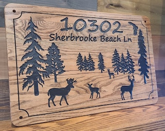 Deer and Trees Family Cabin Signs, Lake Home Signs, Welcome Signs, Personalized Wood Carved Sign, House Sign, Outdoor Grade