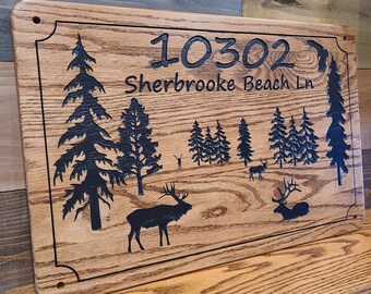 Elk and Trees Family Cabin Signs, Lake Home Signs, Welcome Signs, Personalized Wood Carved Sign, House Sign, Outdoor Grade