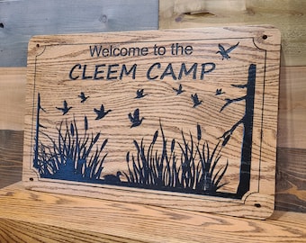 Ducks and Cattails Family Cabin Signs, Welcome or Lake Home Signs, Personalized Wood Carving, House Sign, Trees, Grass, Outdoor Grade