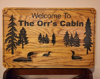 Loons and Trees Family Cabin Signs, Welcome or Lake Home Signs, Personalized Wood Carving, House Sign, Outdoor Grade