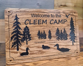 Ducks and Trees Family Cabin Signs, Welcome or Lake Home Signs, Personalized Wood Carving, House Sign, Outdoor Grade