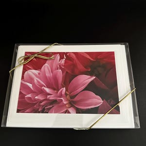 May include: A set of greeting cards featuring a close-up photograph of a pink and red dahlia flower. The cards are packaged in a clear plastic sleeve and tied with a gold ribbon. The background is black.