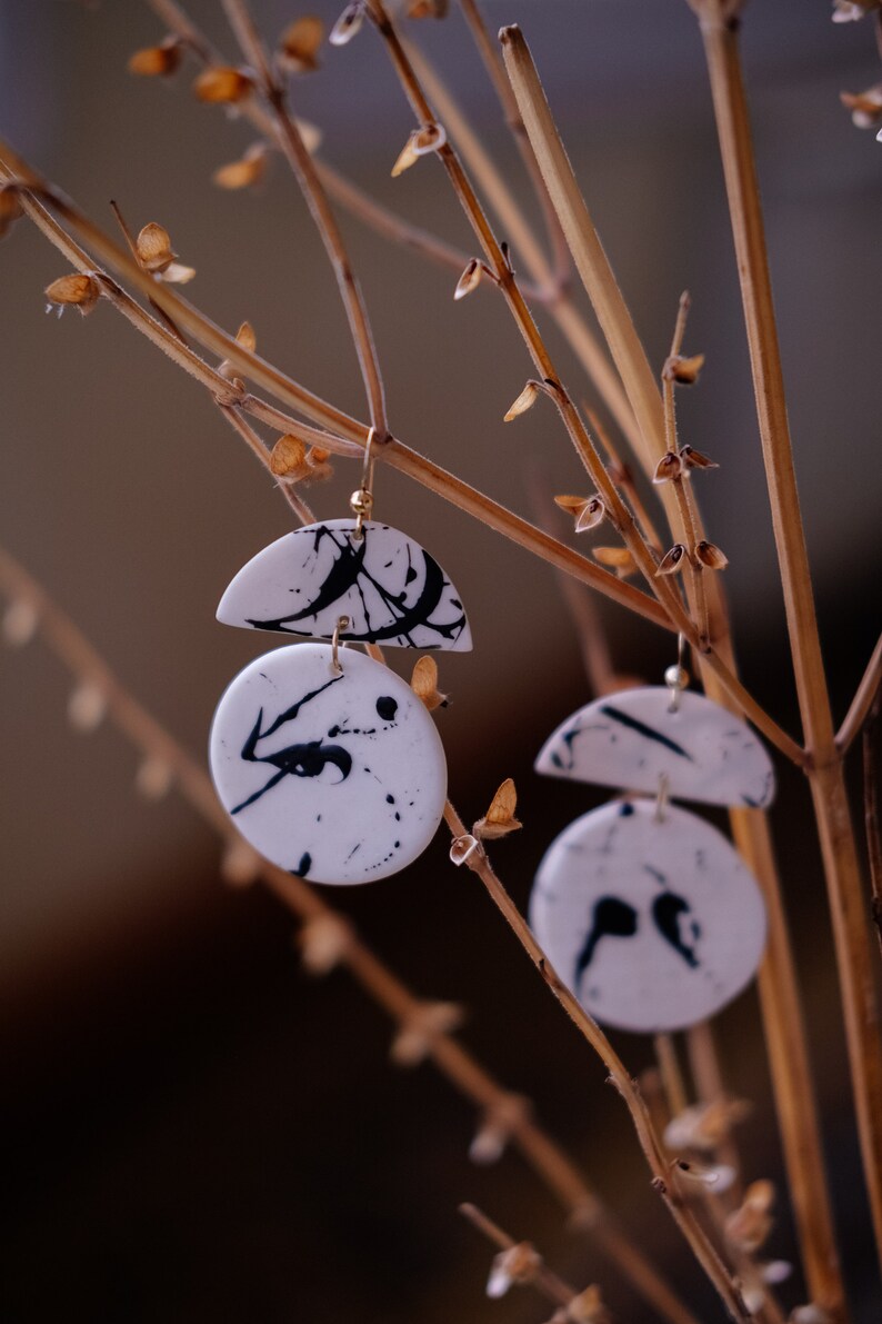 Hand Painted Ceramic Earrings Porcelain Circle Earrings Monochrome Earrings Gifts Black Splatter Earrings Geometric Dangle Earrings