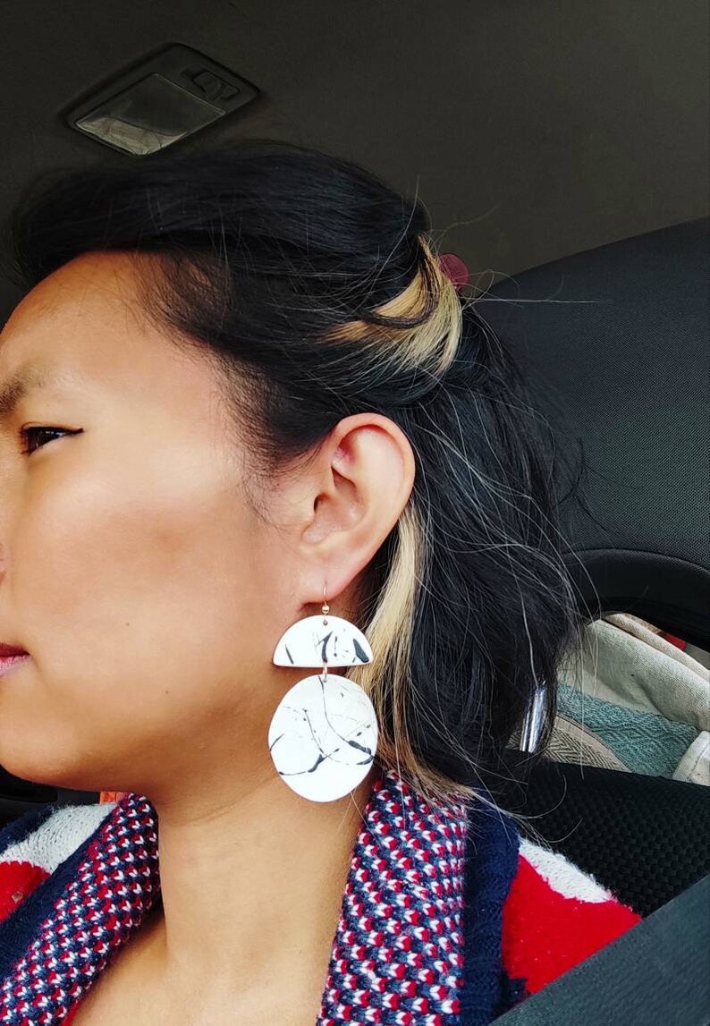Hand Painted Ceramic Earrings Porcelain Circle Earrings Monochrome Earrings Gifts Black Splatter Earrings Geometric Dangle Earrings