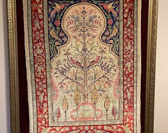 Semi-Antique Turkish Silk Hereke Framed Art Rug circa 1960’s 40” x 27”