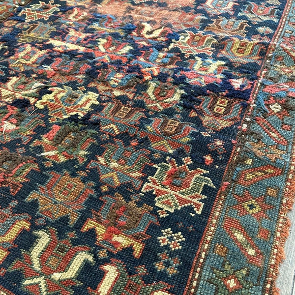 Antique Kurdish tribal rug circa 1900 3’4x6’1 distressed