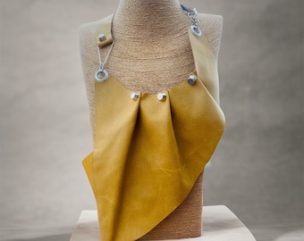 Sunshine Glow: Handmade Yellow Leather Asymmetrical Bib Necklace. festival necklace / western style / boho chic style