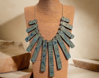 Turquoise Paisley Mandala Handmade Statement wooden decoupaged tassel Necklace: Boho Elegance. Festival necklace