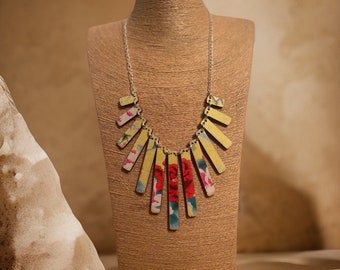 Sunshine Boho handmade Wooden Statement decoupaged tassel Necklace: Boho Elegance. Festival necklaces