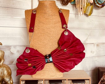 Handmade red leather Bow Statement Necklace with Silver Accents. Festival / Boho/ western style