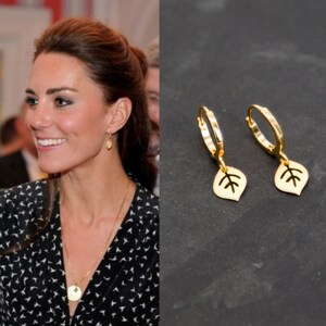 Kate Middleton Inspired yellow gold and silver leaf earrings, Tiny charm earrings, golden dangle leaf