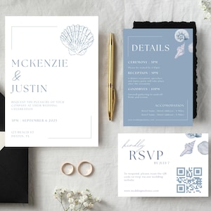 Coastal Wedding Invitation Suite Canva Template | Beach Wedding Invite, RSVP, Details Card | Printable Editable Instant Download
