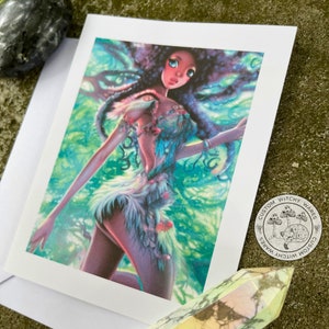 Magnifique sprite de fée de la forêt ; Impression d’art de style anime; Carte de vœux vierge faite à la main ; N'importe quelle occasion