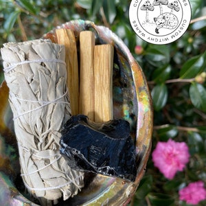 Raw Black Obsidian + 1 White Sage + 3 Sticks Palo Santo Sticks + Crystal Pouch Bundle; Protection Cottagecore Decor; Crystal Grid