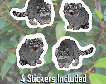 May include: Four Pallas Cat stickers with a white border. The stickers feature a gray cat with green eyes and a striped tail. The text "Pallas Cat" is at the top, and "4 Stickers Included" is at the bottom.