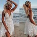 2022 Hot Selling  Beach Dress Lace Hollow out V neck backless sexy mini short dresses  White Sundress, Boho Beach Dress,Sexy sun dress, 