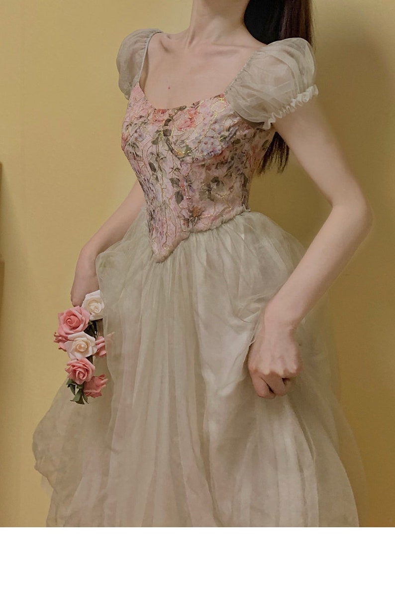 French retro super fairy lace patchwork Floral Dress  4002