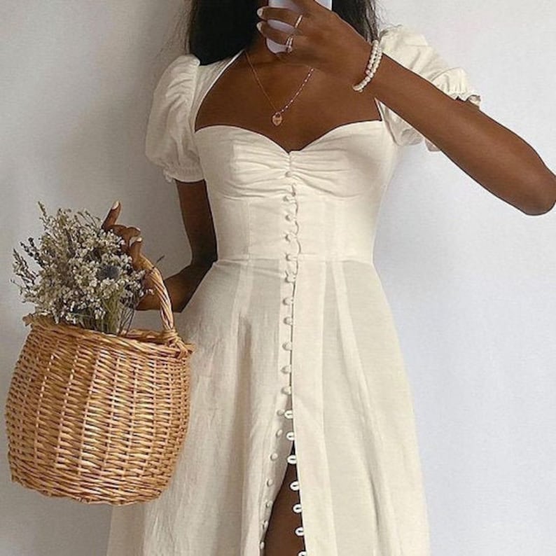 Hot selling Elegant Boho Button White Slit Midi Dress Women French Romantic Party Vacation Beach Casual Dress Lady 