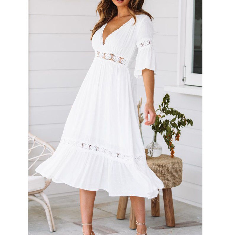 Mary White Hollow V Neck Casual Dress